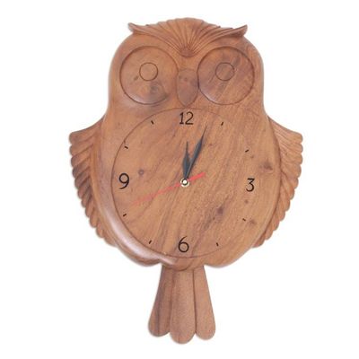 Alternate image for Hand-carved Wall Clock Crafted with Suar Wood in Indonesia Timekeeper Owl