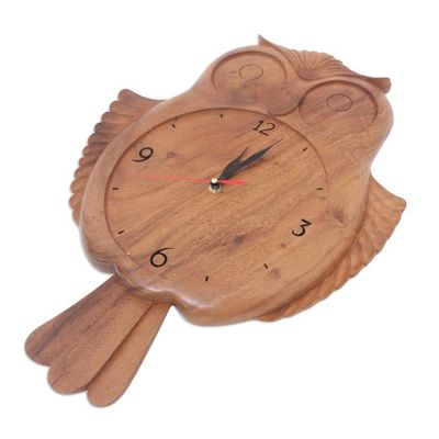 Alternate image for Hand-carved Wall Clock Crafted with Suar Wood in Indonesia Timekeeper Owl