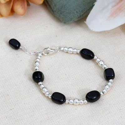 Primary image for Taxco Silver Beaded Station Bracelet with Black Onyx Stones Exquisite Black
