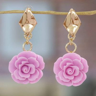 Primary image for Rose-Themed 24k Gold-Plated Resin Dangle Earrings in Pink The Pink Belle