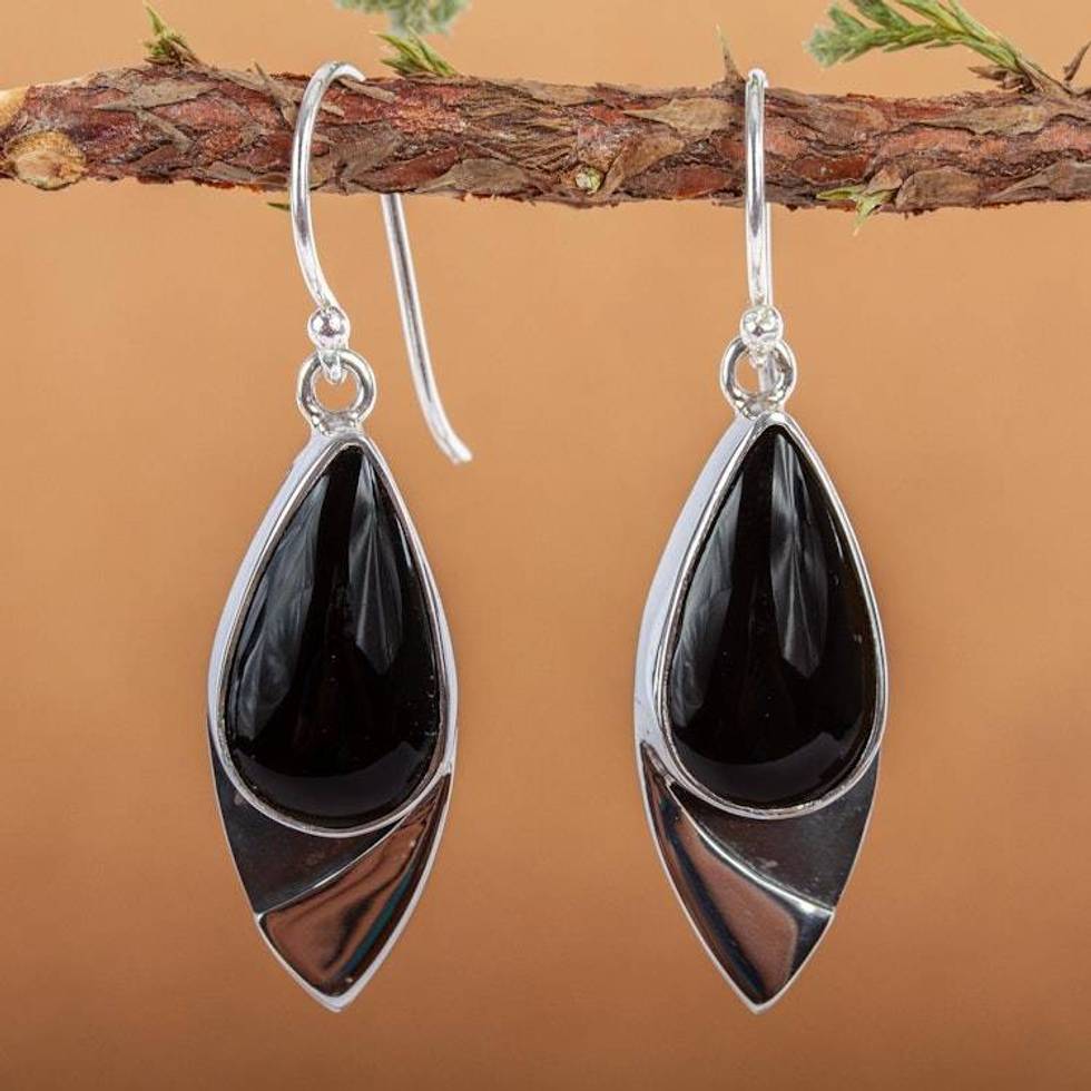 Contemporary Obsidian Earrings in Taxco 950 Silver 'Night's Edge'
