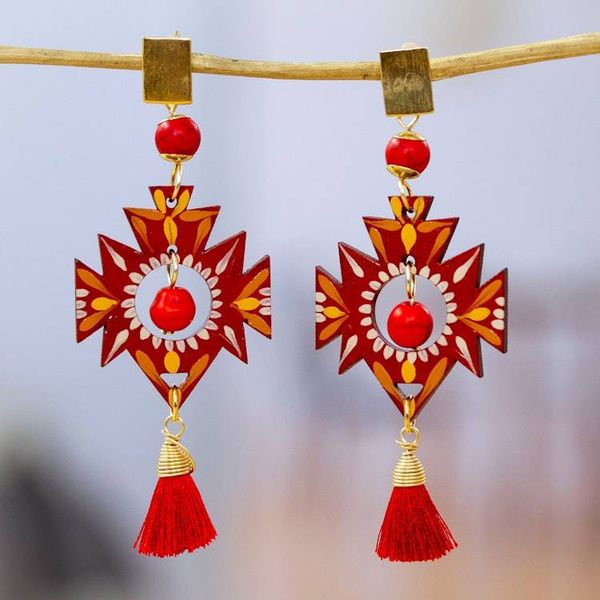 Alternate image for Maya-Inspired Red Agate Dangle Earrings with Gold Accents Crimson Empress