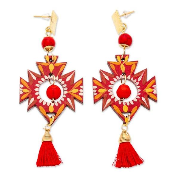 Alternate image for Maya-Inspired Red Agate Dangle Earrings with Gold Accents Crimson Empress