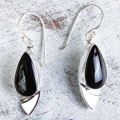 Alternate image for Contemporary Obsidian Earrings in Taxco 950 Silver Nights Edge