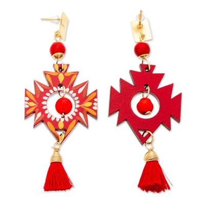 Alternate image for Maya-Inspired Red Agate Dangle Earrings with Gold Accents Crimson Empress