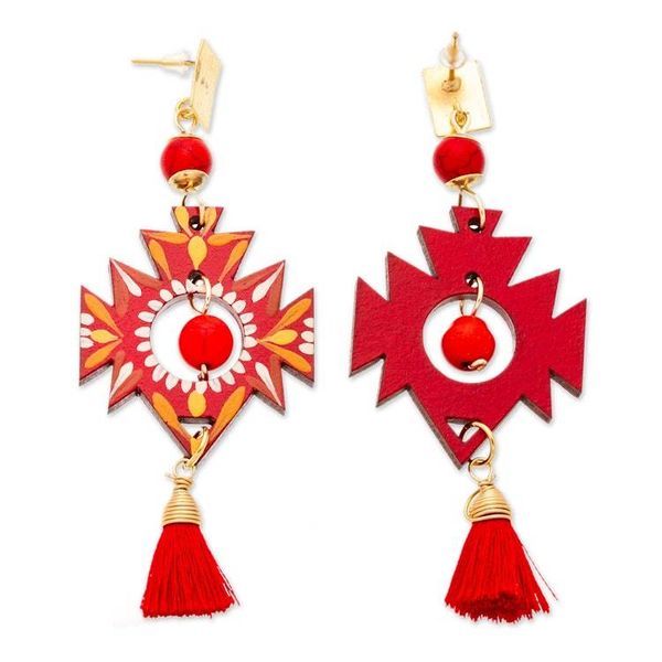 Alternate image for Maya-Inspired Red Agate Dangle Earrings with Gold Accents Crimson Empress