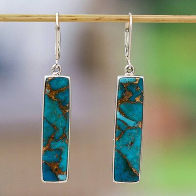 Primary image for Reconstituted Turquoise Taxco Silver Bar Dangle Earrings Vibrant Bar