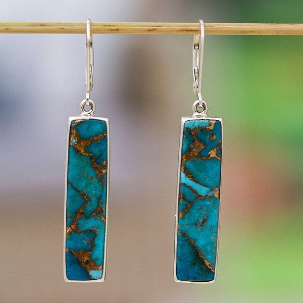 Alternate image for Reconstituted Turquoise Taxco Silver Bar Dangle Earrings Vibrant Bar