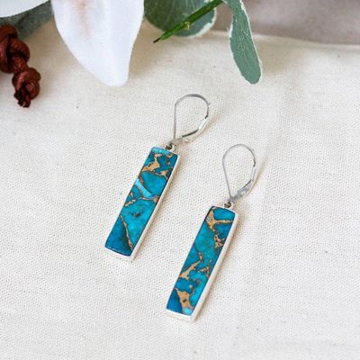 Alternate image for Reconstituted Turquoise Taxco Silver Bar Dangle Earrings Vibrant Bar