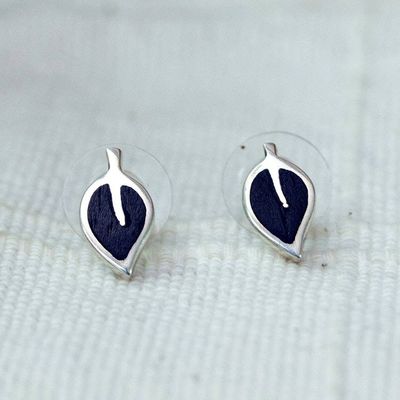 Alternate image for Wood-Accented Leaf-Shaped Sterling Silver Stud Earrings Genuine Forest