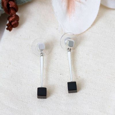 Alternate image for Modern Taxco Silver Dangle Earrings with Black Onyx Cubes Midnight Cube