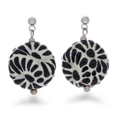 Alternate image for Black and White Ceramic Dangle Earrings in Talavera Style Black Feather Symphony