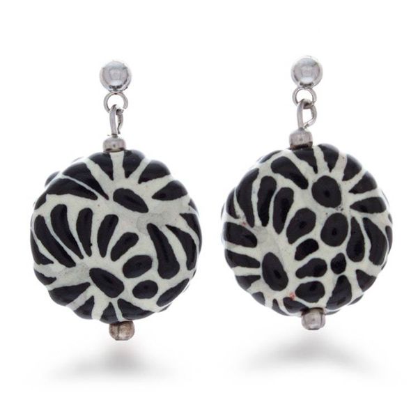 Alternate image for Black and White Ceramic Dangle Earrings in Talavera Style Black Feather Symphony