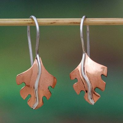 Primary image for Modern Taxco Silver Copper Drop Earrings with Leaf Design Contemporary Leaf