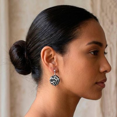Alternate image for Black and White Ceramic Dangle Earrings in Talavera Style Black Feather Symphony