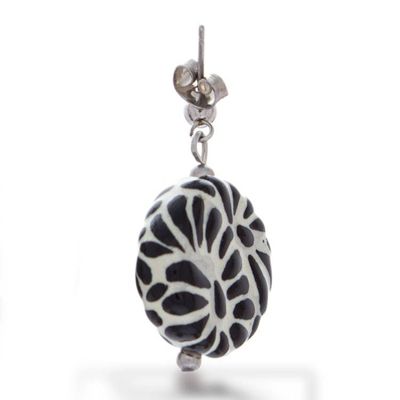 Alternate image for Black and White Ceramic Dangle Earrings in Talavera Style Black Feather Symphony