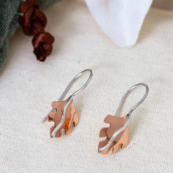 Alternate image for Modern Taxco Silver Copper Drop Earrings with Leaf Design Contemporary Leaf