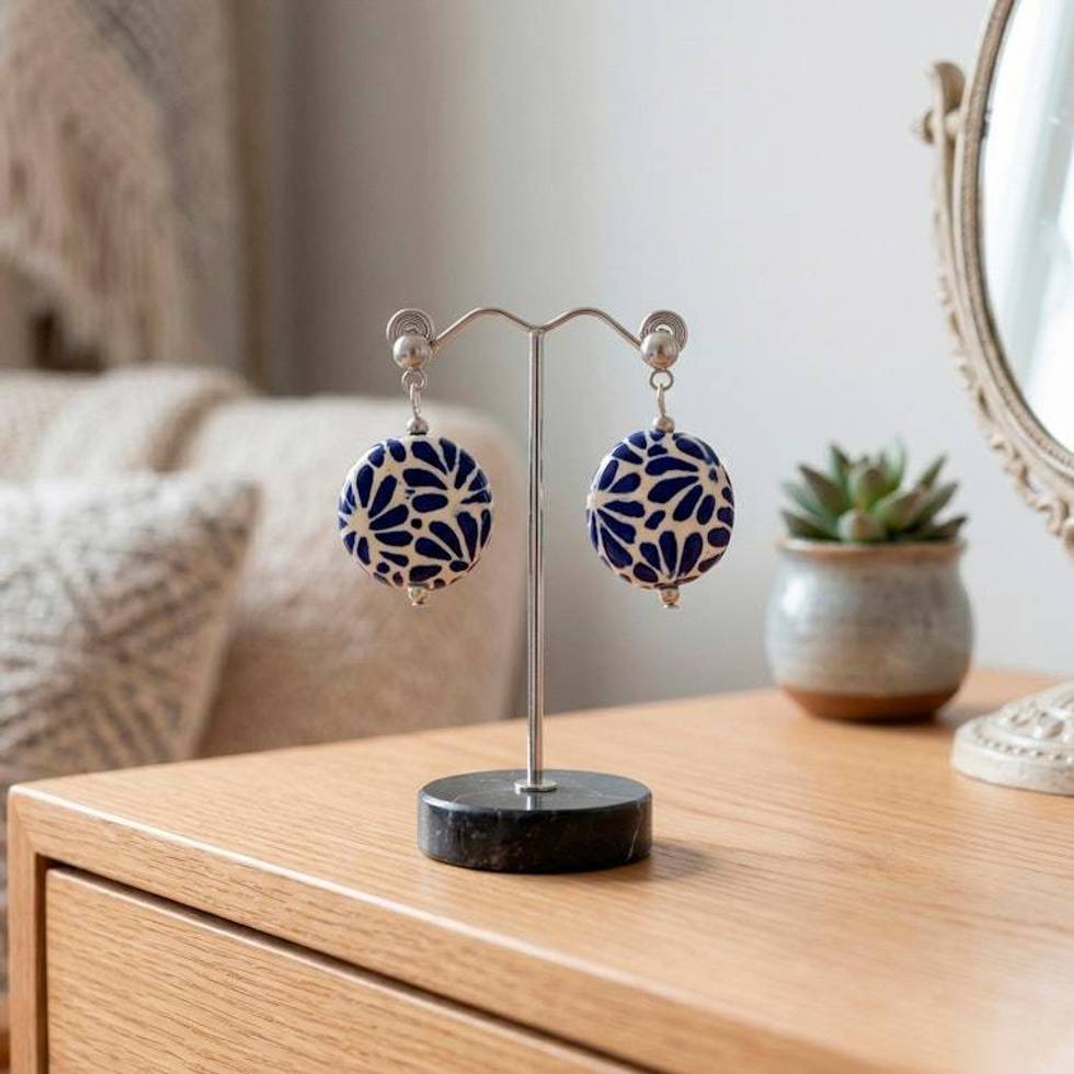 Feather Floral Talavera Style Ceramic Dangle Earrings 'Blue Feather Symphony'