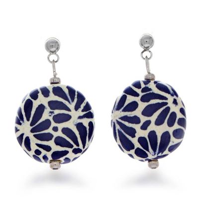 Alternate image for Feather Floral Talavera Style Ceramic Dangle Earrings Blue Feather Symphony