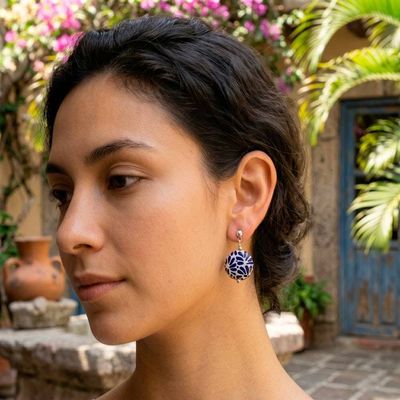 Alternate image for Feather Floral Talavera Style Ceramic Dangle Earrings Blue Feather Symphony