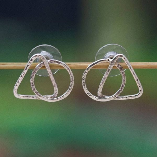 Alternate image for Taxco Silver Button Earrings with Triangle and Circle Theme Dual Geometry