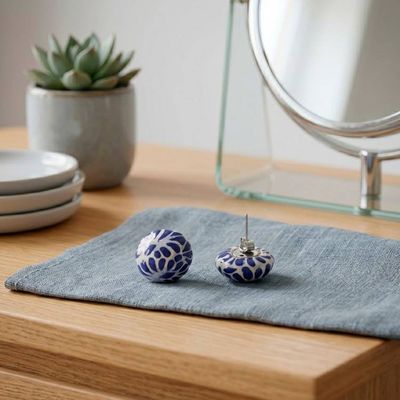 Primary image for Blue and White Talavera Style Floral Ceramic Button Earrings Blue Feather Spark
