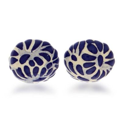 Alternate image for Blue and White Talavera Style Floral Ceramic Button Earrings Blue Feather Spark