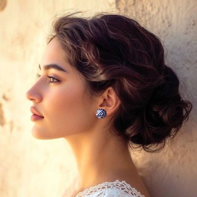 Alternate image for Blue and White Talavera Style Floral Ceramic Button Earrings Blue Feather Spark