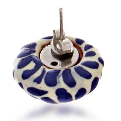 Alternate image for Blue and White Talavera Style Floral Ceramic Button Earrings Blue Feather Spark