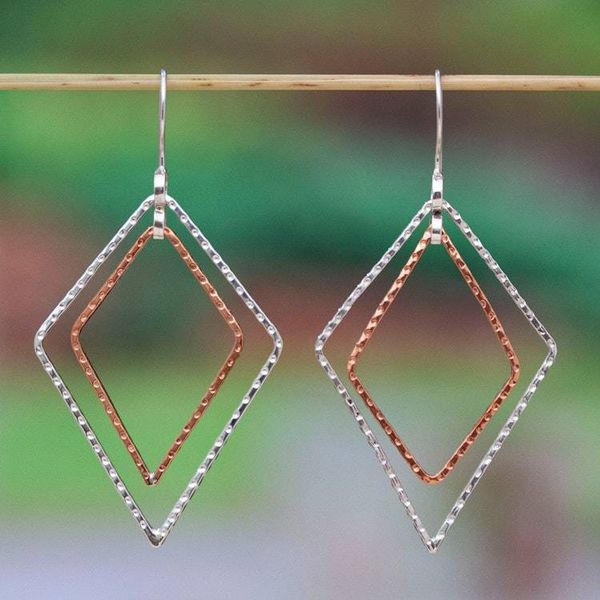Alternate image for Taxco Silver Copper Dangle Earrings with Dual Rhombus Motif Rhombus Duo