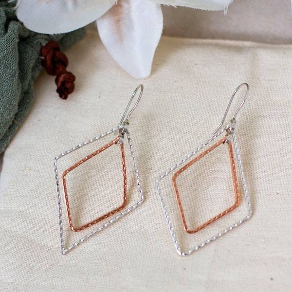 Alternate image for Taxco Silver Copper Dangle Earrings with Dual Rhombus Motif Rhombus Duo