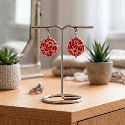 Primary image for Talavera Style Ceramic Dangle Earrings in Red and White Hues Red Feather Symphony