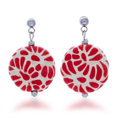 Alternate image for Talavera Style Ceramic Dangle Earrings in Red and White Hues Red Feather Symphony