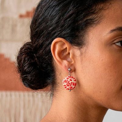 Alternate image for Talavera Style Ceramic Dangle Earrings in Red and White Hues Red Feather Symphony