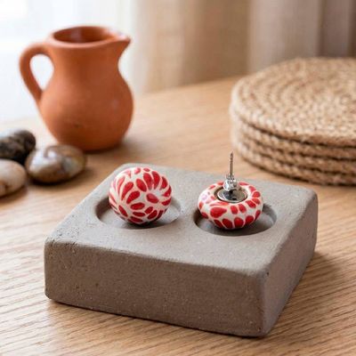 Primary image for Talavera Style Ceramic Earrings with Floral Feather Motif Red Feather Spark