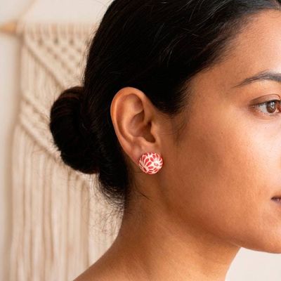 Alternate image for Talavera Style Ceramic Earrings with Floral Feather Motif Red Feather Spark