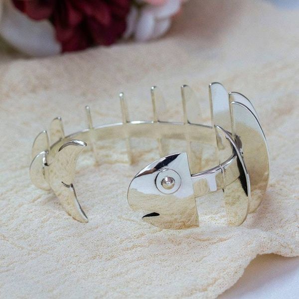 Alternate image for Handmade Modern Taxco Silver Cuff Bracelet Skeleton Fish