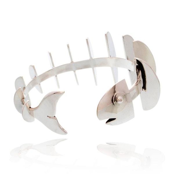 Alternate image for Handmade Modern Taxco Silver Cuff Bracelet Skeleton Fish