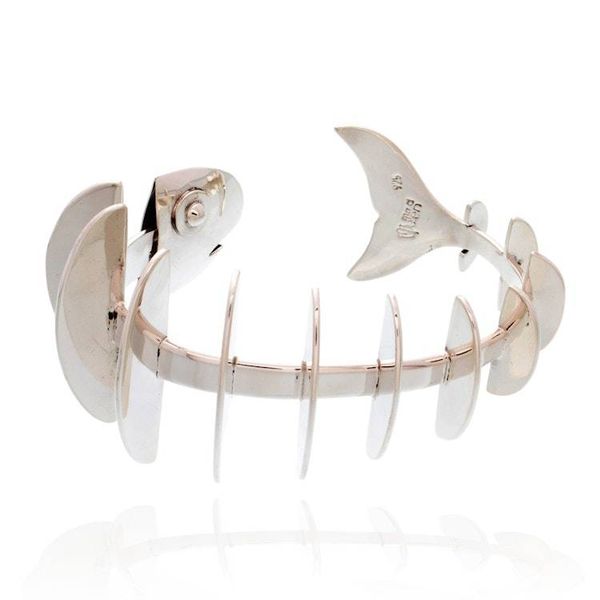 Alternate image for Handmade Modern Taxco Silver Cuff Bracelet Skeleton Fish