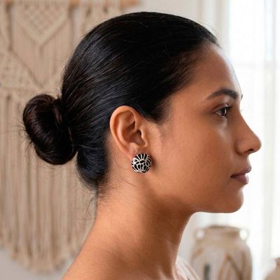 Alternate image for Floral-Themed Talavera Style Ceramic Button Earrings Black Feather Spark