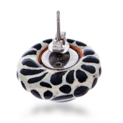 Alternate image for Floral-Themed Talavera Style Ceramic Button Earrings Black Feather Spark