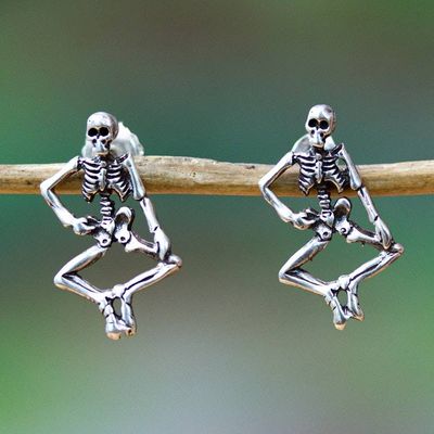 Primary image for Day of the Dead Sterling Silver Skeleton Button Earrings Fest of the Dead