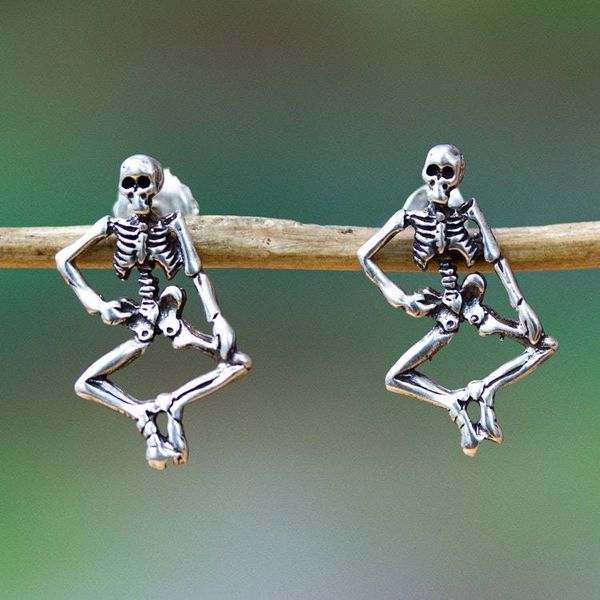 Alternate image for Day of the Dead Sterling Silver Skeleton Button Earrings Fest of the Dead