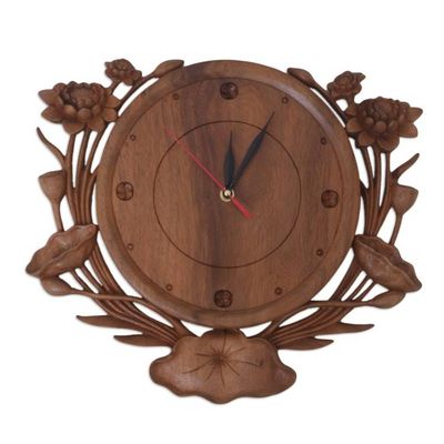 Alternate image for Floral Wall Clock Hand-Carved in Bali Lotus Time