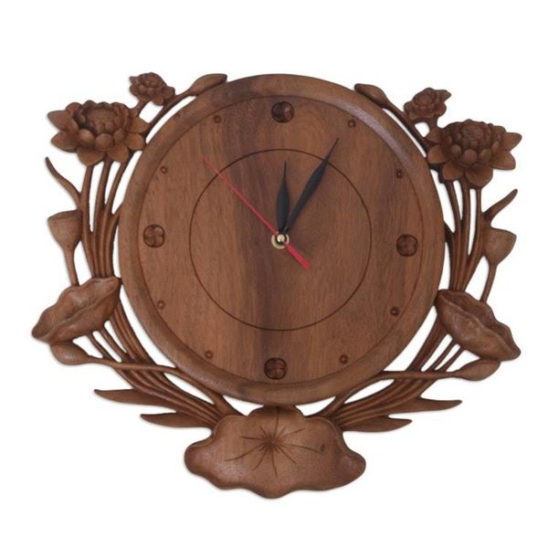 Alternate image for Floral Wall Clock Hand-Carved in Bali Lotus Time