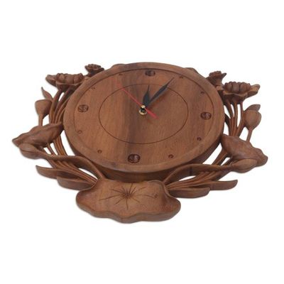 Alternate image for Floral Wall Clock Hand-Carved in Bali Lotus Time