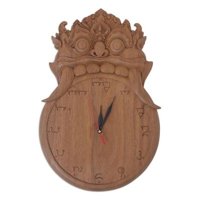 Alternate image for Balinese Mythology Themed Hand Carved Wooden Wall Clock Kalarau Midnight