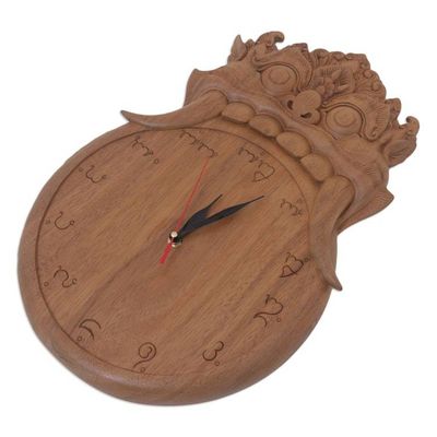 Alternate image for Balinese Mythology Themed Hand Carved Wooden Wall Clock Kalarau Midnight