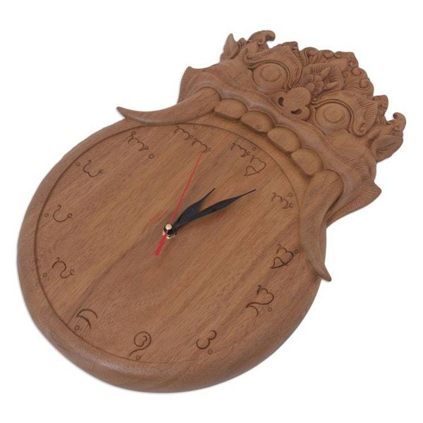 Alternate image for Balinese Mythology Themed Hand Carved Wooden Wall Clock Kalarau Midnight