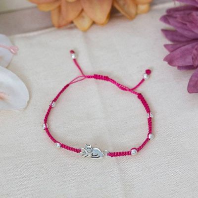 Primary image for Taxco Silver Macrame Station Pendant Bracelet with Cat Motif Enchanting Feline